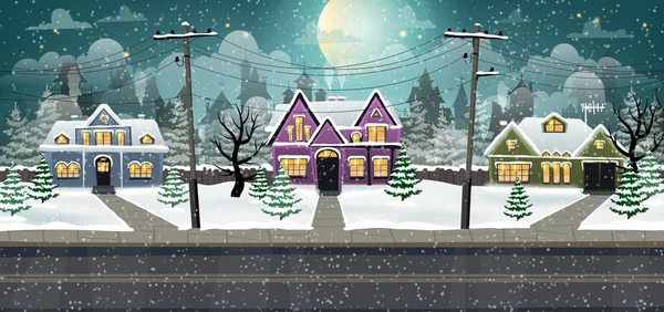 晚城市冬季景观与雪覆盖的房子和圣诞树 假日向量例证 — 图库矢量图片