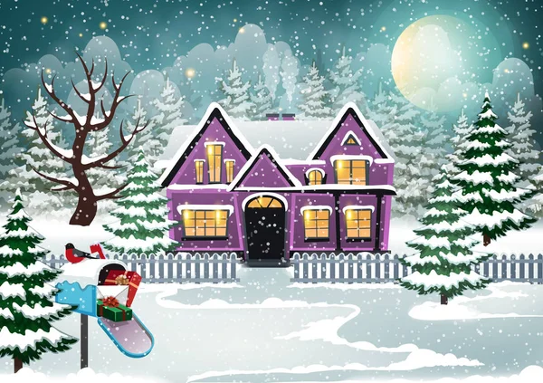 Sfondo Villaggio Invernale Con Casa Coperta Neve Regali Natale Nella — Vettoriale Stock