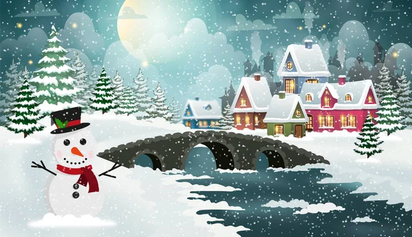 Evening City Winter Landscape Snow Covered Houses Snowman Bridge Frozen — Stock Vector
