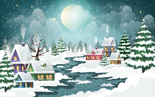 夜の雪に覆われた家と前景に凍った川市冬の風景 クリスマス休日ベクトル イラスト — ストックベクタ