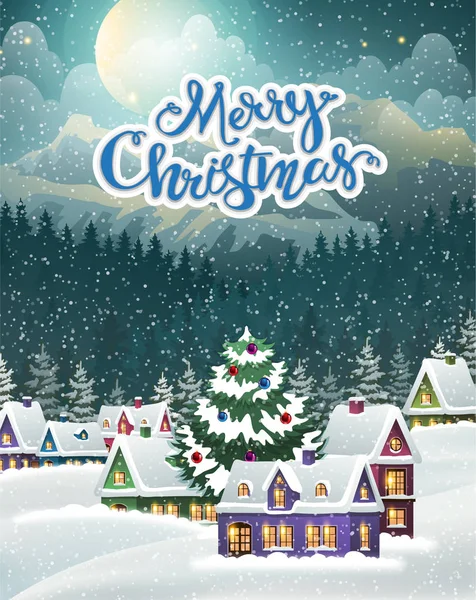 Χωριό Χειμερινό Τοπίο Χιονισμένα Σπίτια Και Χριστουγεννιάτικο Δέντρο Χριστουγεννιάτικα Στολίδια — Διανυσματικό Αρχείο
