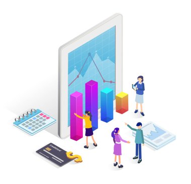 Afiş ve Web sitesi için iş kavramı. İş takım veri analizi, yönetimi, satış, iş istatistikleri, iş analizi, planlama, geliştirme analizi. İzometrik açılış sayfası şablonu.