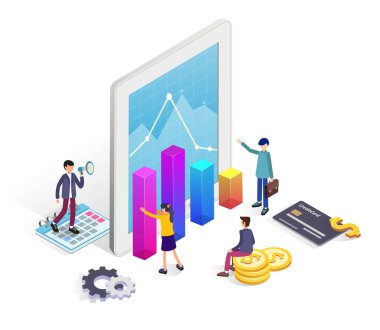 Çevrimiçi kişi, tablet ve mali grafikler web afiş, infographics, açılış sayfası şablonu için modern konseptiyle bankacılık. Düz izometrik çizimde.