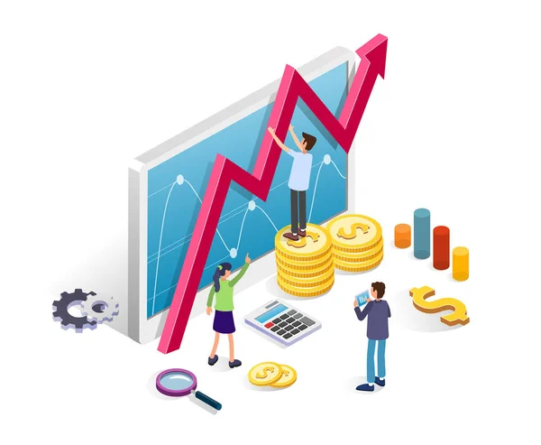 Analytické Nástroje Analýza Dat Izometrické Koncept Podnikatelé Tabletem Finanční Grafy — Stockový vektor