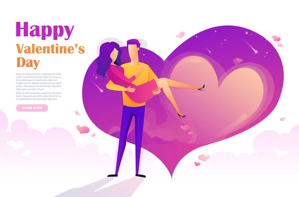 情人节快乐的设计与情侣在爱 一个男人抱着一个女孩在他的心脏形状的背景 抽象平面样式向量背景 — 图库矢量图片
