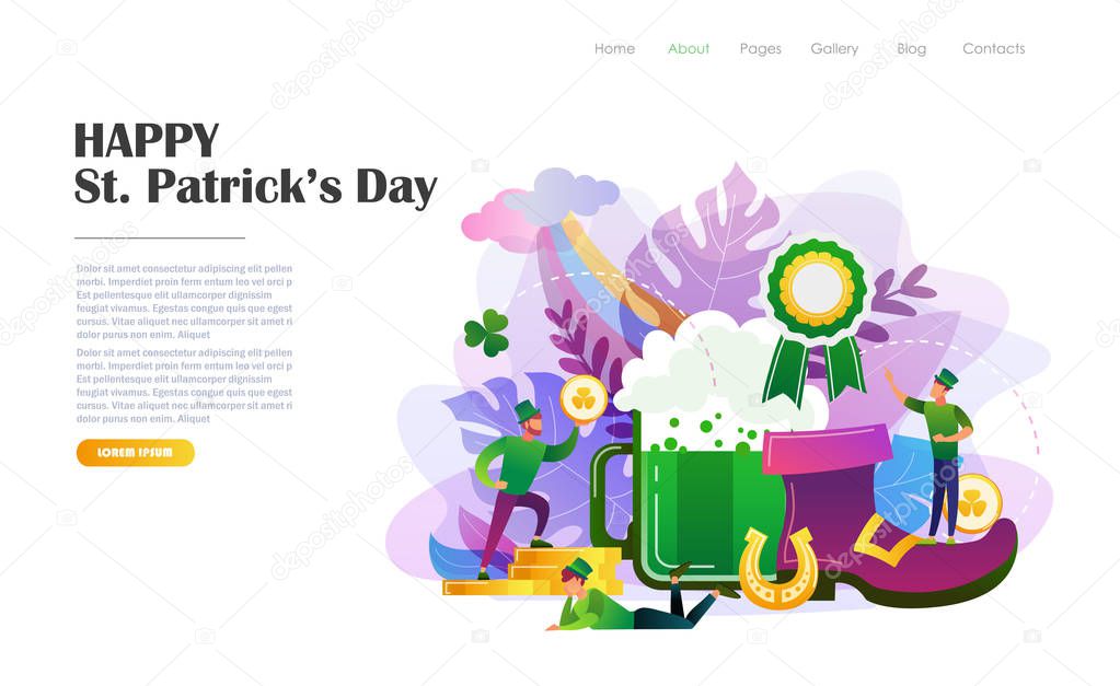 St. Patrick's Day concept with people in leprechaun costumes, beer mug, shoe, horseshoe. Website landing page design template, brochure, holiday invitation. Flat style vector illustration.