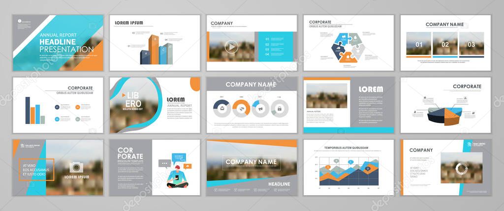 Presentation templates design. Vector templates portfolio with blue and orange elements. Multipurpose template for brochure cover, annual report, advertising, presentation slide, flyer leaflet