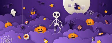 Mutlu cadılar bayramı tebrik kartı şablonu dolunay, iskelet, balkabağı, hayalet ve şekerler menekşe arka planda kağıt kesiği şeklinde. Vektör illüstrasyonu. 