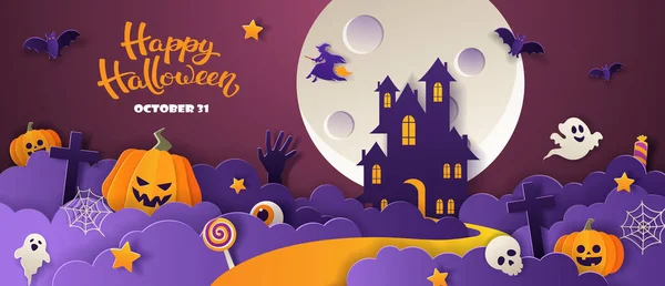 Happy Halloween Party Zaproszenie Nawiedzonym Domu Dynie Duchy Cukierki Nietoperze — Wektor stockowy