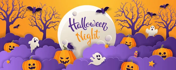 Tarjeta Felicitación Halloween Con Luna Llena Calabazas Fantasmas Murciélagos Dulces — Vector de stock