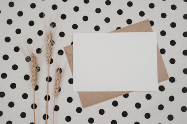 Kahverengi kağıt zarfın üzerinde boş beyaz kağıt, içinde arpa çiçeği ve siyah noktalı beyaz kumaş üzerine karton kutu. Yatay boş tebrik kartının bir kopyası. Mekanizmanın en üst görüntüsü. Düz yatıyordu.