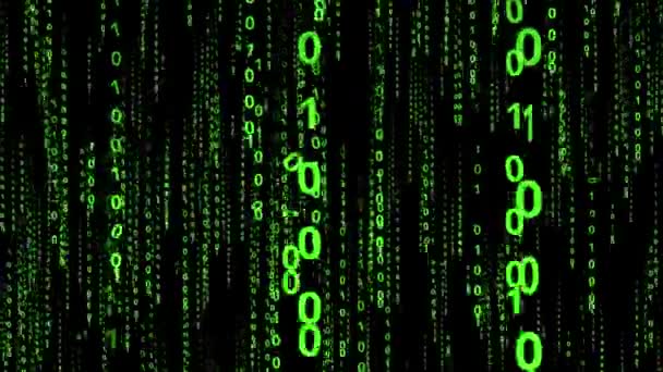 Codice binario verde in streaming verso il basso e ruotare. Riga lo sfondo della matrice numerica digitale. Concetto di tecnologia, computer Hacker, algoritmo, programmatore, interfaccia Hud e codifica. Software futuristico. — Video Stock