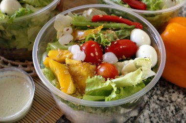 Bir açık plastik kase paket taze sebze salatası