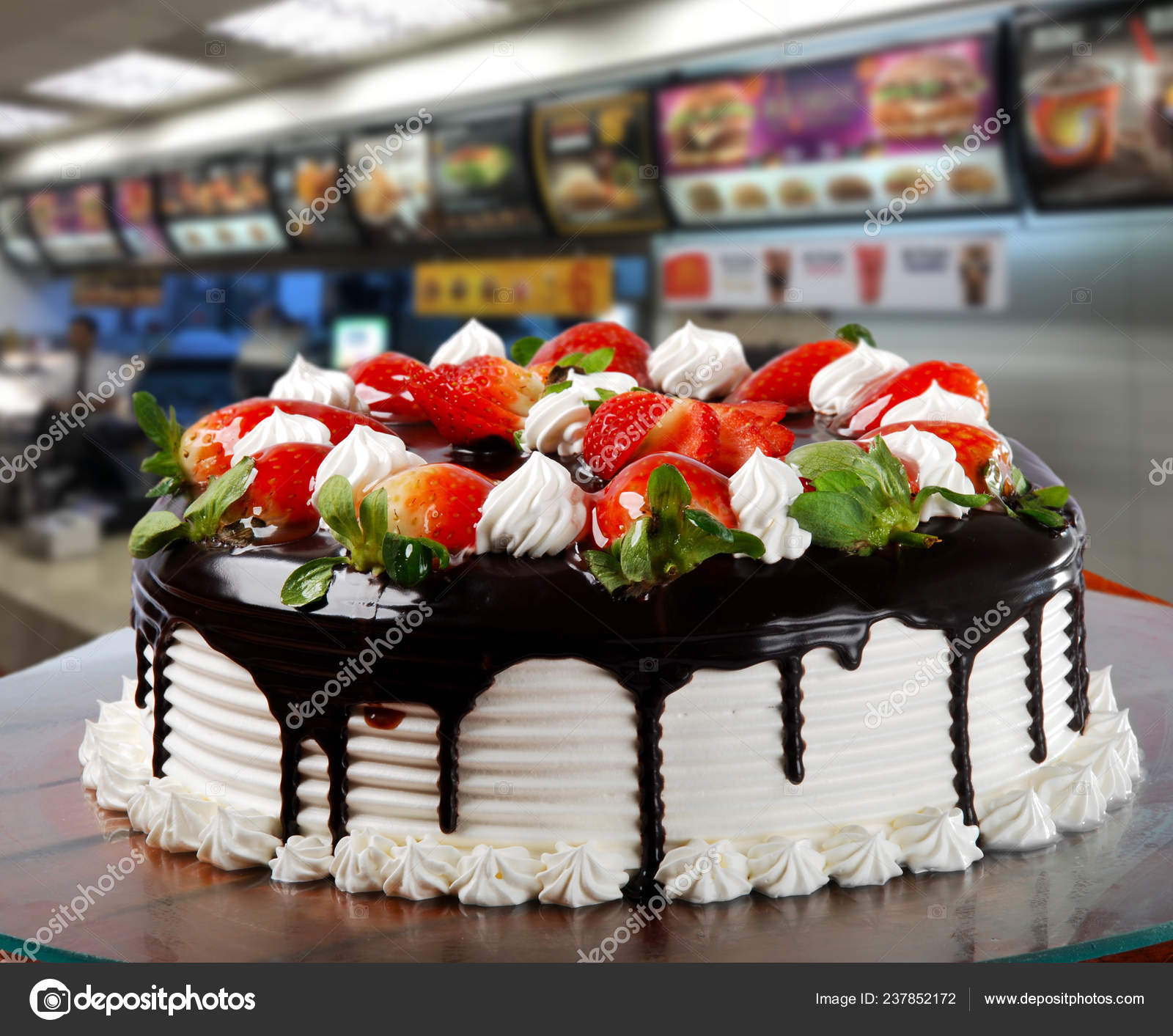 Chocolate Cake Decorated Fresh Strawberries Stock Photo