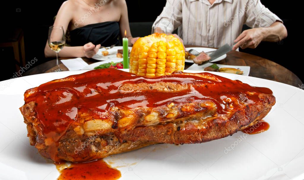rib with bbq sauce, meat pork