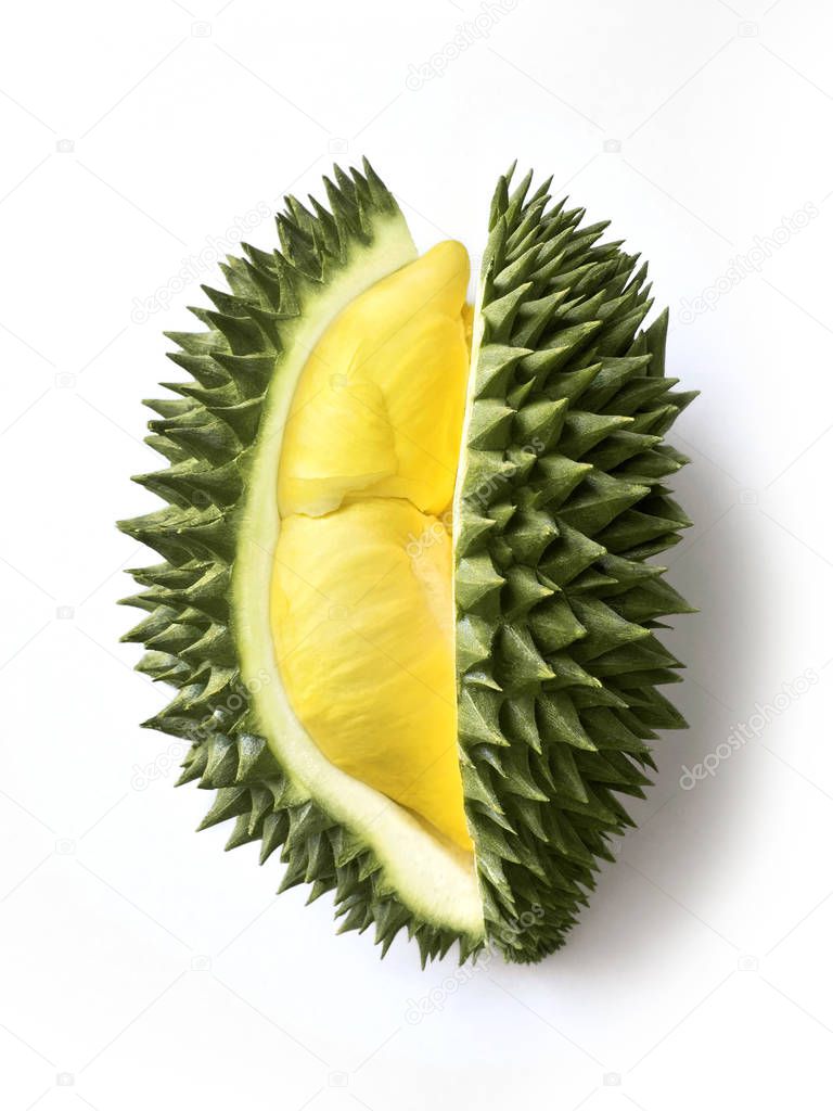 Fresh cut durian on a white background, king of fruit from Thailand