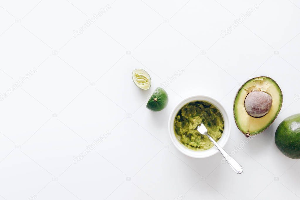 Mashed avocado recipe, preparing healthy breakfast, top view copy space