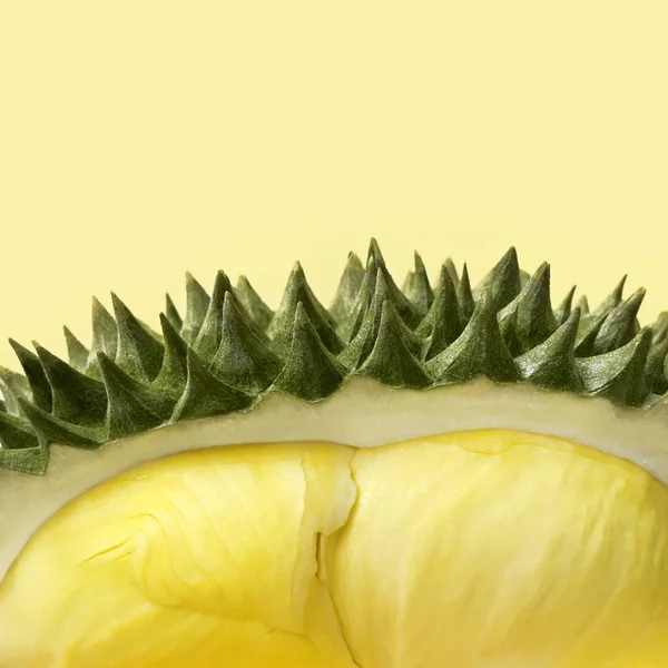 Pastel sarı arka plan, Tayland meyvelerden kralı üzerinde taze kesilmiş durian kopya alanı ile yakından