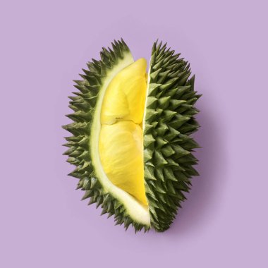 Pastel mor arka plan, Tayland meyvelerden kralı durian taze kesilmiş