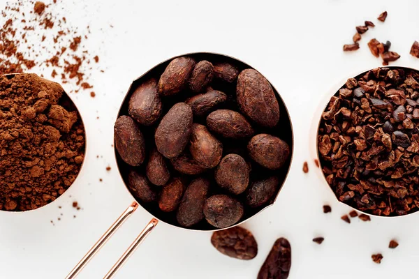 Tasses Mesurer Rose Fèves Cacao Navets Cacao Poudre Cacao Sur — Photo