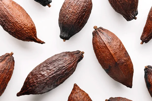 Cocoa Pod Pada Latar Belakang Putih Kreatif Datar Konsep Makanan — Stok Foto