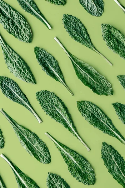 Fresh organic green kale leaves pattern on a green background, flat lay healthy nutrition concept