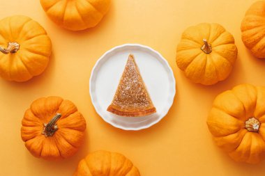 Turuncu bir arka plan üzerinde pumpkins, Şükran günü konsepti için ev yapımı sonbahar gıda ile beyaz bir plaka üzerinde kabak pasta