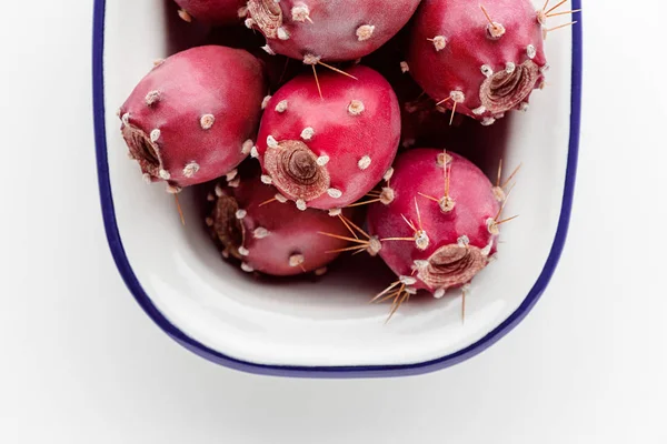 Prickly Pear Fruit White Enamel Dish White Background Creative Flat — Stock Photo, Image