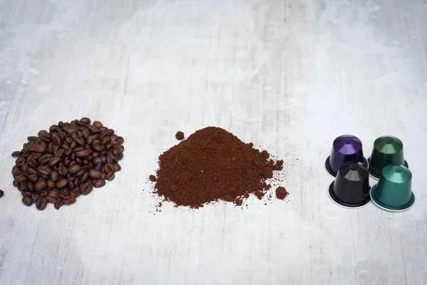 Kawa Espresso Kapsułki Strąki Ziaren Kawy — Zdjęcie stockowe