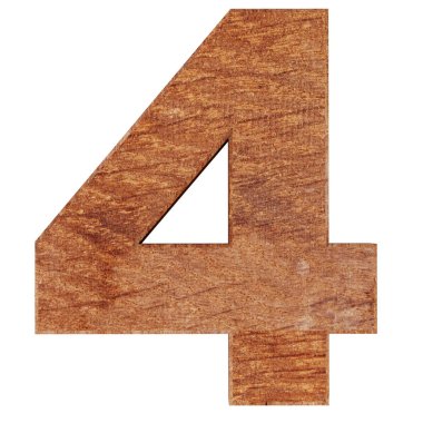 Dekoratif ahşap alfabe sayısı dört simgesi - 4. 3D render illüstrasyon. Beyaz arka plan üzerinde izole