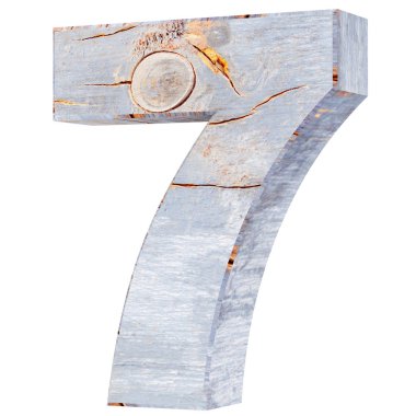 Dekoratif ahşap alfabe sayısı yedi simgesi - 7. 3D render illüstrasyon. Beyaz arka plan üzerinde izole