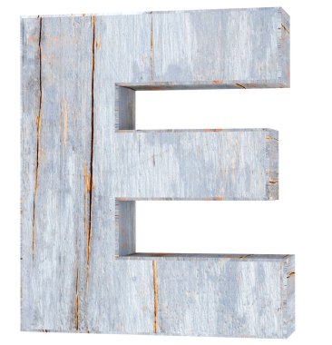 Dekoratif ahşap alfabe harf - E. 3d render illüstrasyon. Beyaz arka plan üzerinde izole