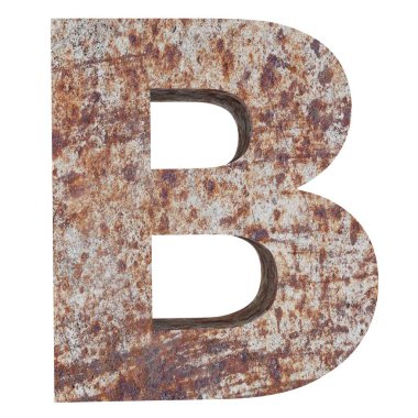 Kavramsal eski paslı meta büyük harf -B, demir ya da çelik sektörü izole beyaz arka plan parça. Eğitici paslı malzeme, yaşlı vintage yüzey, 3d çizim Pütürlü yüzeyi olarak yıpranmış zarar görmüş boya