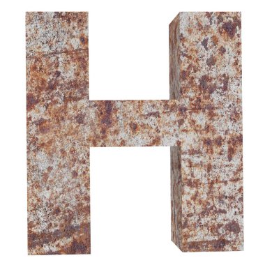 Kavramsal eski paslı meta büyük harf -H, demir ya da çelik sektörü izole beyaz arka plan parça. Eğitici paslı malzeme, yaşlı vintage yüzey, 3d çizim Pütürlü yüzeyi olarak yıpranmış zarar görmüş boya