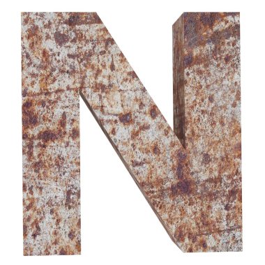 Kavramsal eski paslı meta büyük harf -N, demir ya da çelik sektörü izole beyaz arka plan parça. Eğitici paslı malzeme, yaşlı vintage yüzey, 3d çizim Pütürlü yüzeyi olarak yıpranmış zarar görmüş boya