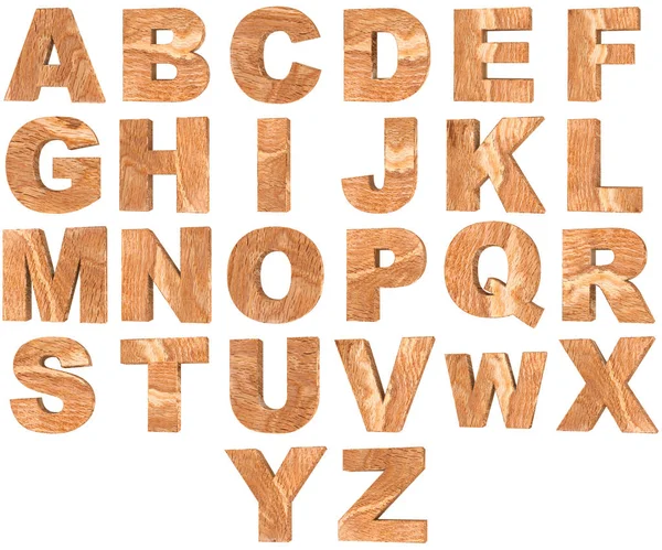 Zestaw Drewniane Angielski Alfabet Litery Liczby Zera Dziewięciu Białym Tle — Zdjęcie stockowe