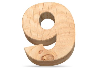 Dekoratif ahşap alfabe sayısı sıfır simgesi - 9. 3D render illüstrasyon. Beyaz arka plan üzerinde izole