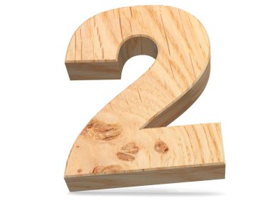 Dekoratif ahşap alfabe sayısı sıfır simgesi - 2. 3D render illüstrasyon. Beyaz arka plan üzerinde izole