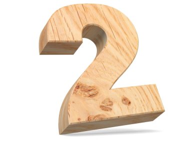 Dekoratif ahşap alfabe sayısı sıfır simgesi - 2. 3D render illüstrasyon. Beyaz arka plan üzerinde izole