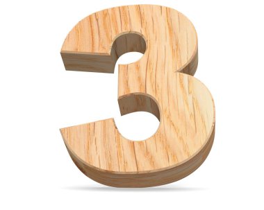 Dekoratif ahşap alfabe sayısı sıfır simgesi - 3. 3D render illüstrasyon. Beyaz arka plan üzerinde izole