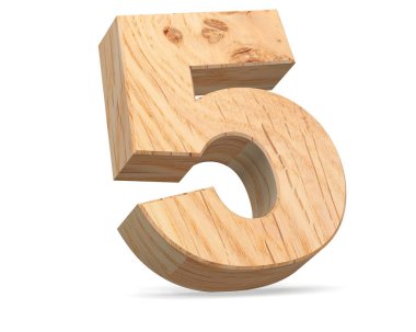 Dekoratif ahşap alfabe sayısı sıfır simgesi - 5. 3D render illüstrasyon. Beyaz arka plan üzerinde izole