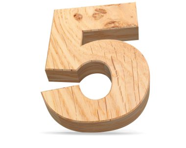 Dekoratif ahşap alfabe sayısı sıfır simgesi - 5. 3D render illüstrasyon. Beyaz arka plan üzerinde izole