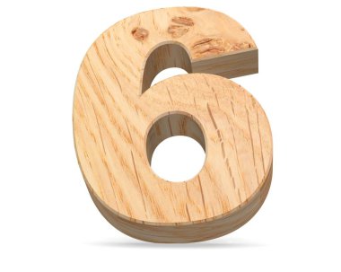 Dekoratif ahşap alfabe sayısı sıfır simgesi - 6. 3D render illüstrasyon. Beyaz arka plan üzerinde izole