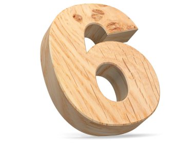 Dekoratif ahşap alfabe sayısı sıfır simgesi - 6. 3D render illüstrasyon. Beyaz arka plan üzerinde izole