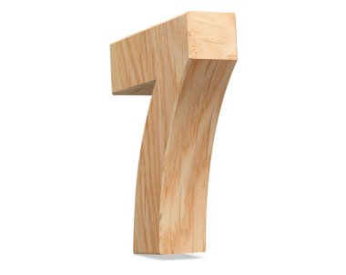 Dekoratif ahşap alfabe sayısı sıfır simgesi - 7. 3D render illüstrasyon. Beyaz arka plan üzerinde izole