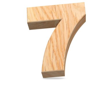 Dekoratif ahşap alfabe sayısı sıfır simgesi - 7. 3D render illüstrasyon. Beyaz arka plan üzerinde izole