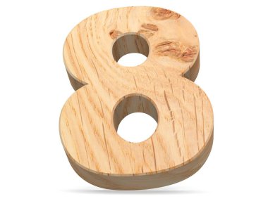 Dekoratif ahşap alfabe sayısı sıfır simgesi - 8. 3D render illüstrasyon. Beyaz arka plan üzerinde izole