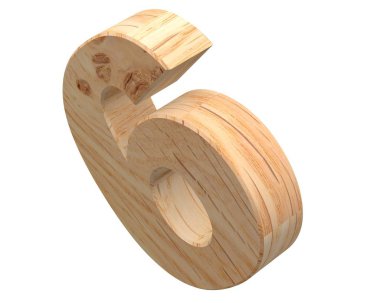 Dekoratif ahşap alfabe sayısı sıfır simgesi - 6. 3D render illüstrasyon. Beyaz arka plan üzerinde izole