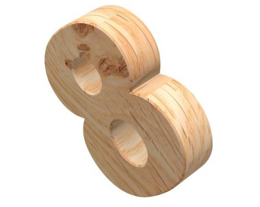 Dekoratif ahşap alfabe sayısı sıfır simgesi - 8. 3D render illüstrasyon. Beyaz arka plan üzerinde izole