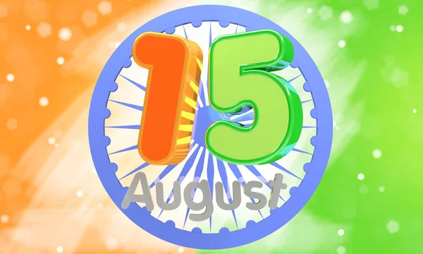 3D render Illustration. Glossy 3d text 15 August in Indian flag color for Happy Independence Day celebration.